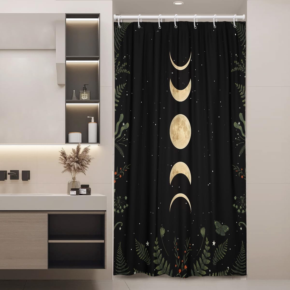 Moon Phase Shower Curtain 36x72 Inch Stall Harf Mini Size Stand up Standing Moonlit Celestial Leaves Plants Goth Gothic Witch Witchy Mysticism Bathroom Polyester Fabric Waterproof 7 Pack Hooks