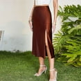 thumbnail image 2 of Aayomet Midi Skirt Women Casual High Waist Glossy Satin Solid Color Slit Maxi Skirt,Brown Large, 2 of 5