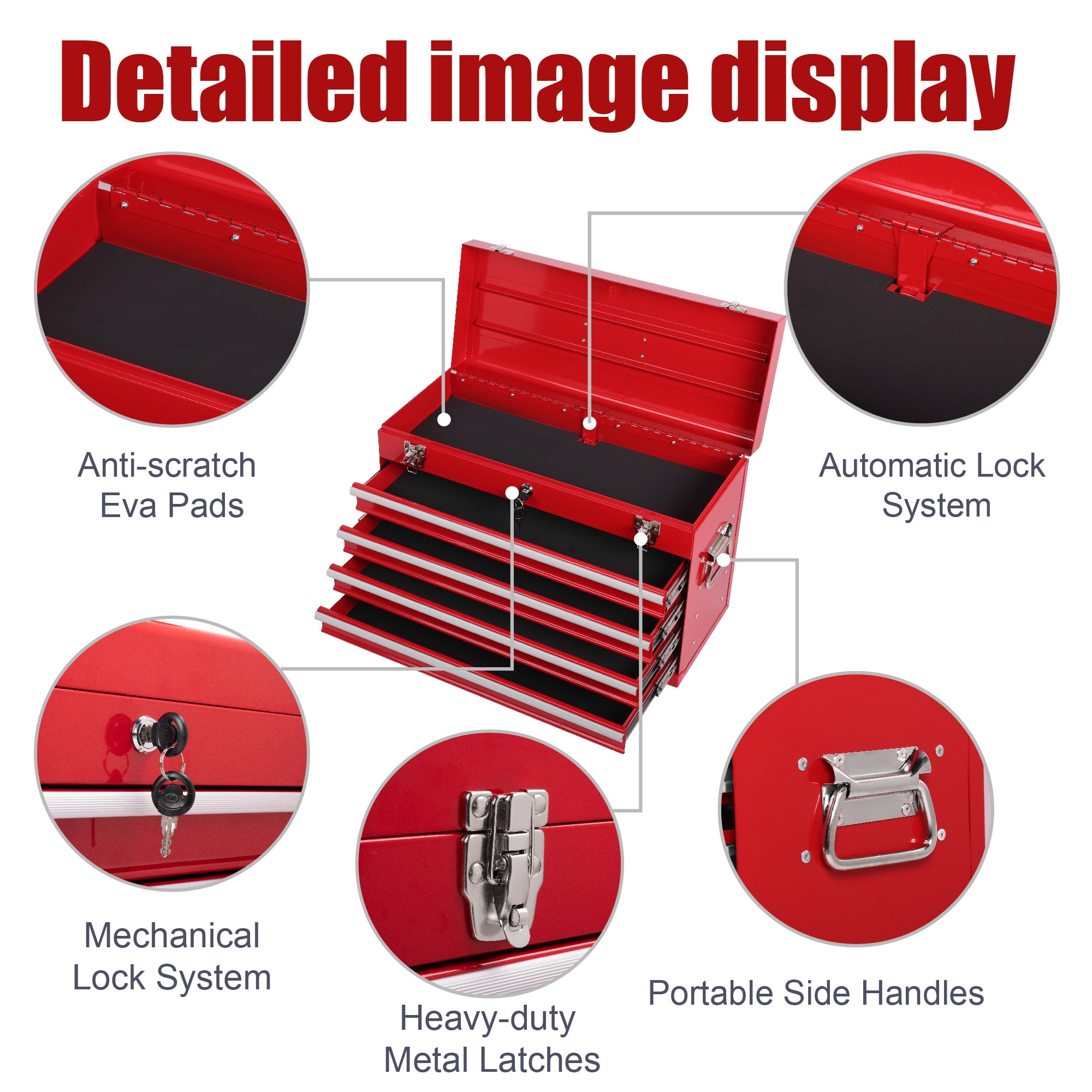 Aukfa Tool Box, 21 in Steel 4-Drawer Toolbox with Automatic Lock System for Garage, Red