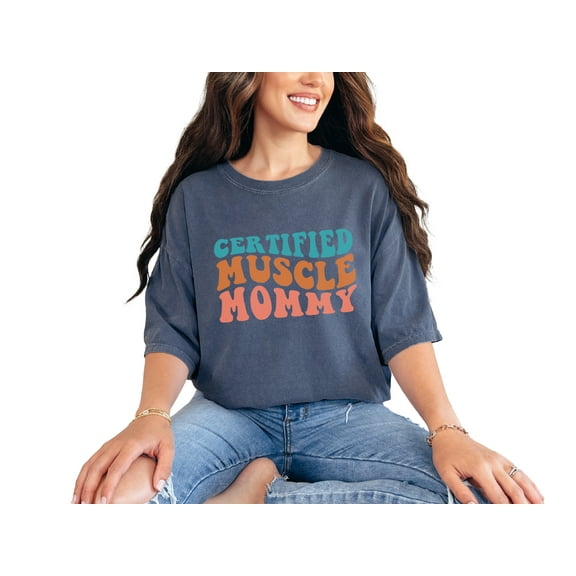 Certified Muscle Mommy, Weightlifter or Bodybuilder Mom, Groovy Retro Wavy Text, Denim Comfort Colors T-Shirt, Small