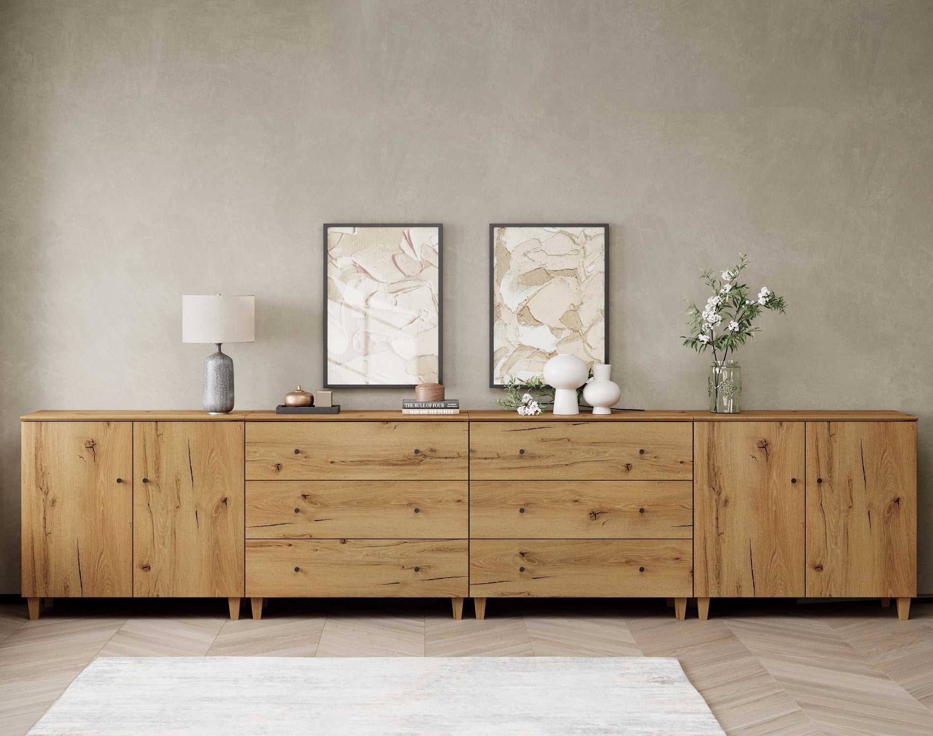 WAMPAT Wood Dresser with 6 Drawers and 2 Cabinets for Bedroom, Modern Chest of Drawer, 142" Wide, Oak Brown Wood Finish