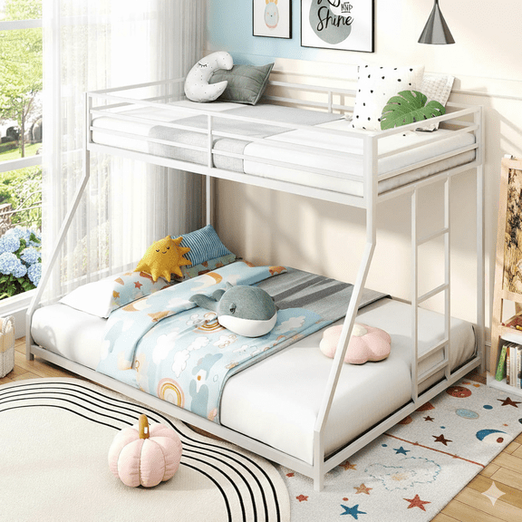 Twin Over Full Bunk Beds, UHOMEPRO Metal Bunk Bed with Ladder and Reinforced Guardrails, Bunk Bed for Teens and Adults, White