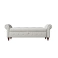 thumbnail image 3 of 63" Storage Bench, Modern Button Tufted Fabric Upholstered Ottoman Bench with Flip Top & Rolled Arms & Solid Wood Gourd Legs, Rectangular Entryway Footstool Bed Bench for Living Room Bedroom, Beige, 3 of 7