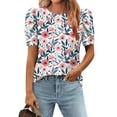thumbnail image 3 of Womens Summer T-Shirts Fashion Floral Prints Shirts Loose Round Neck Puff Sleeves Pleated Blouse Womens Casual Short Sleeve Blouses Pullover Tops, 3 of 7