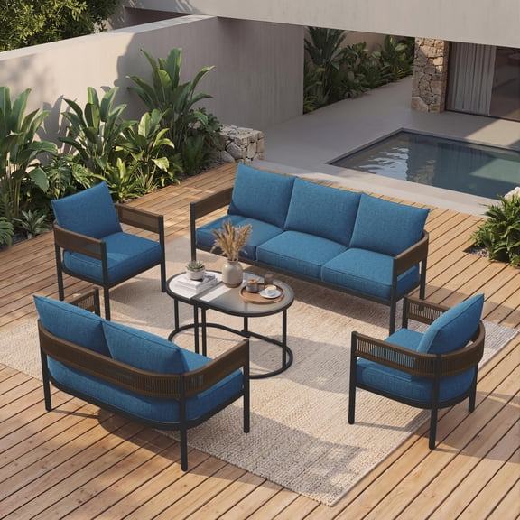 EVERITE 7-Person Patio Furniture Set,Outdoor Wicker Sofa Conversation Set with Removable Cushions and Tables for Backyard Balcony Lawn Pool,Peacock Blue