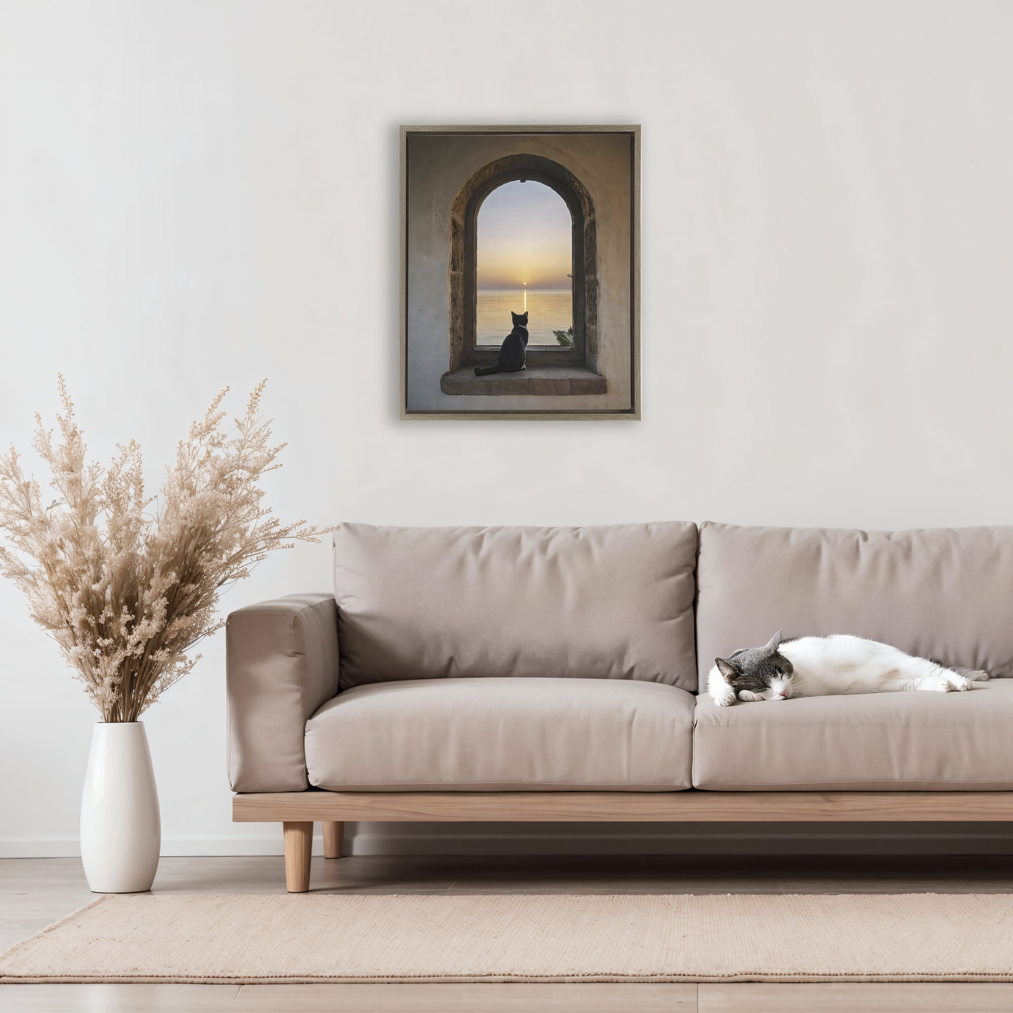 Stupell Industries Cat Overlooking Water at Sunset Brown Framed Floater Canvas Wall Art, design by Creative Studio