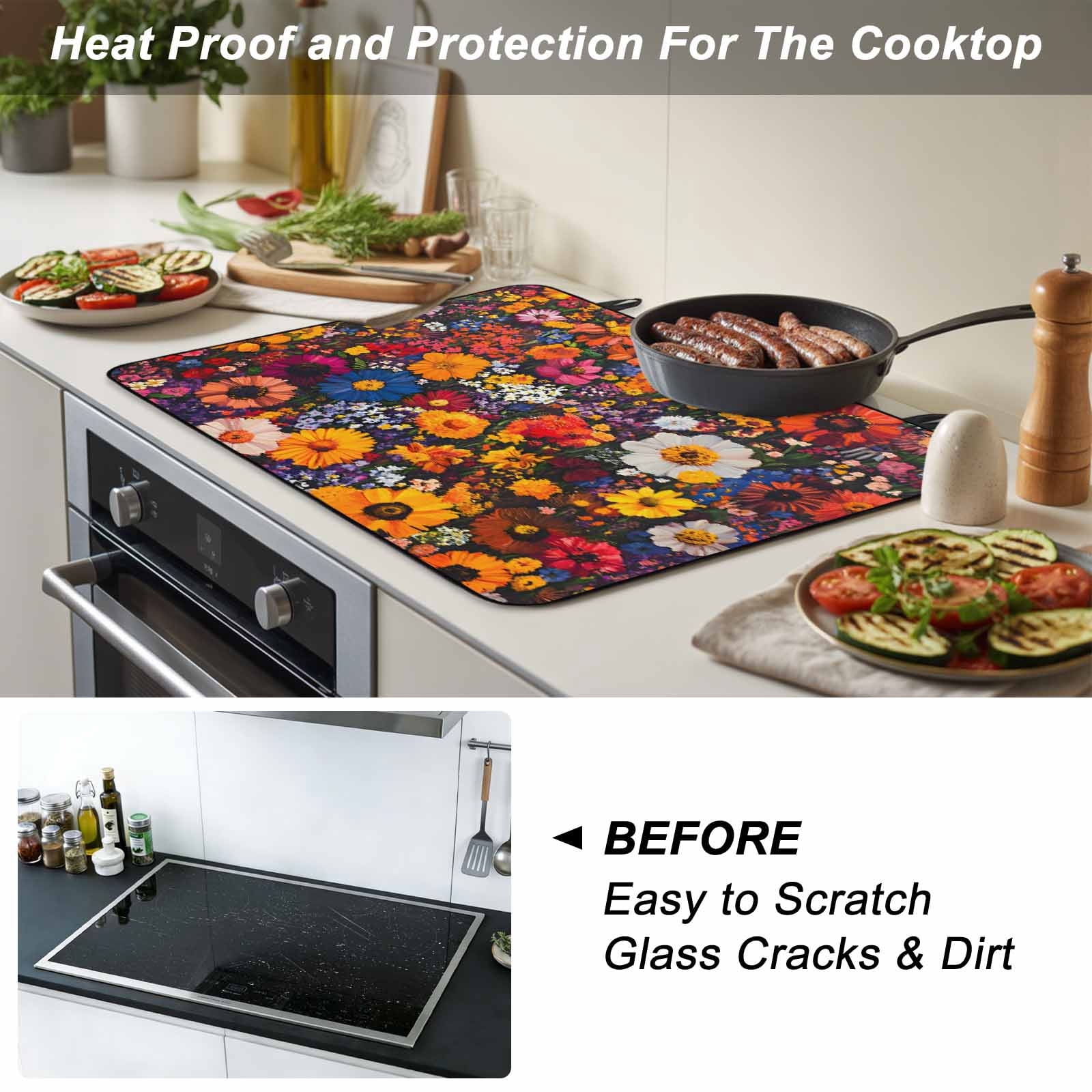 Spring Flowers Stove Top Cover for Electric Stove, Heat-proof & Non Slip Glass Top Stove Cover Protector, Daisy Yellow Blue Flower Retro Painting Kitchen Flat Cooktop Rubber Mat 24x21 Inches