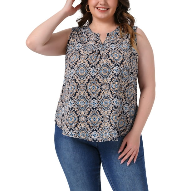 Blusa sin mangas de talla grande para mujeres, blusa tipo túnica con estampado floral y escote en V, talla 1X, color azul marino