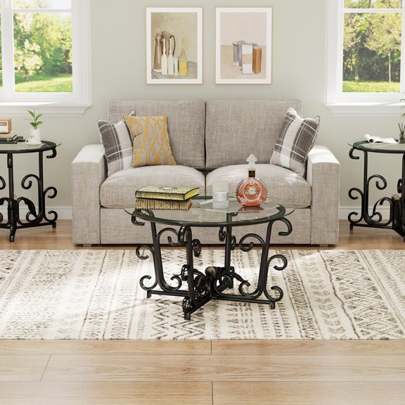 Modern Round 3-Piece Coffee Table Set 1 Coffee Table 2 End Tables with Tempered Glass Top Metal Frame Scratch Resistant Easy to Clean for Home Small Space Living Room,Black
