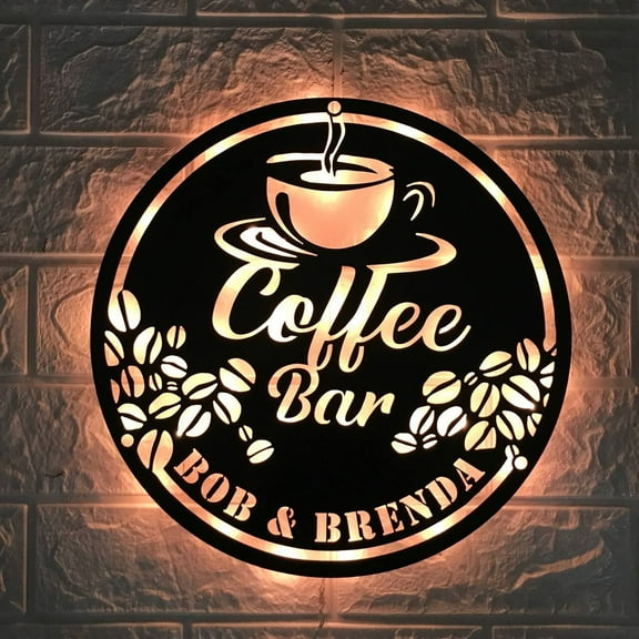 Craftnamesign Personalized Coffee Bar Metal Wall Art LED Light, Custom Coffee Shop Name Sign
