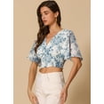 thumbnail image 2 of DARING DIVA Women's Floral Flare V Neck Smocked Crop Tops S White Blue, 2 of 6