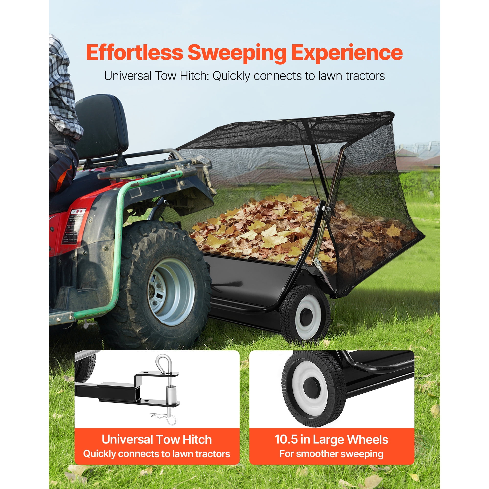 KFFKFF 48-Inch Tow-Behind Lawn Sweeper, 26 cu. ft Hopper Capacity, Yard and Garden Debris Collector with Dump Rope, Adjustable Height for Grass and Leaf Cleanup