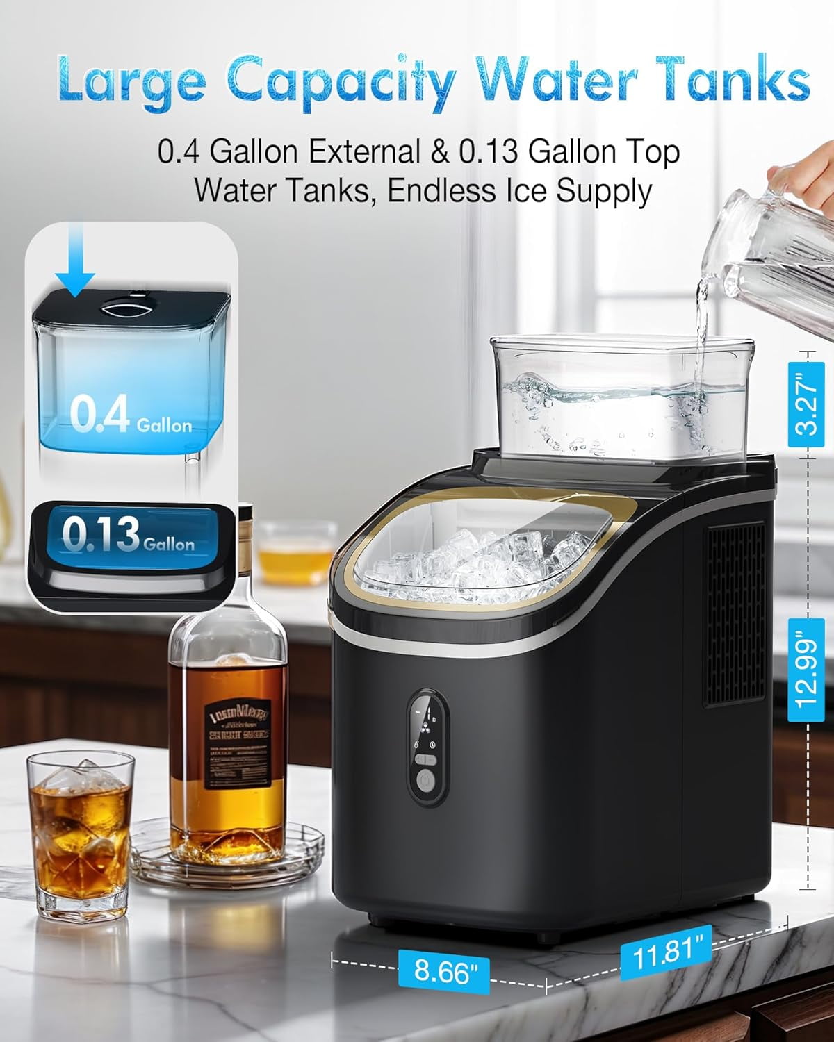 Ice Cube Maker Machine with 0.53 Gal Water Tank Capacity, 33Lbs/Day, 16Pcs/5Mins, 24H Timer, Self-Cleaning, Portable Ice Maker Countertop for Home Kitchen Office