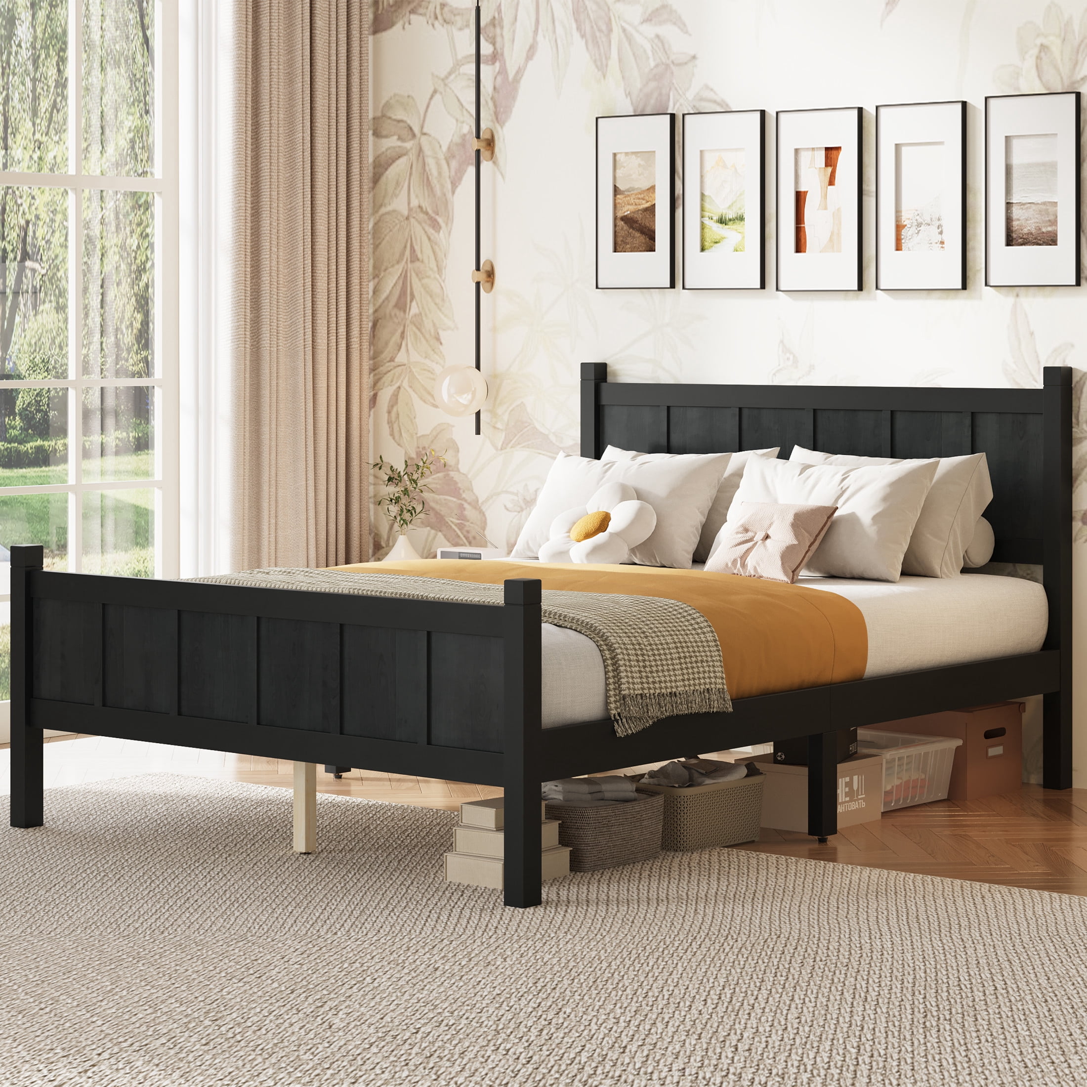 Noble House Full Platform Bed with Headboard and Footboard, Wood Frame, Black