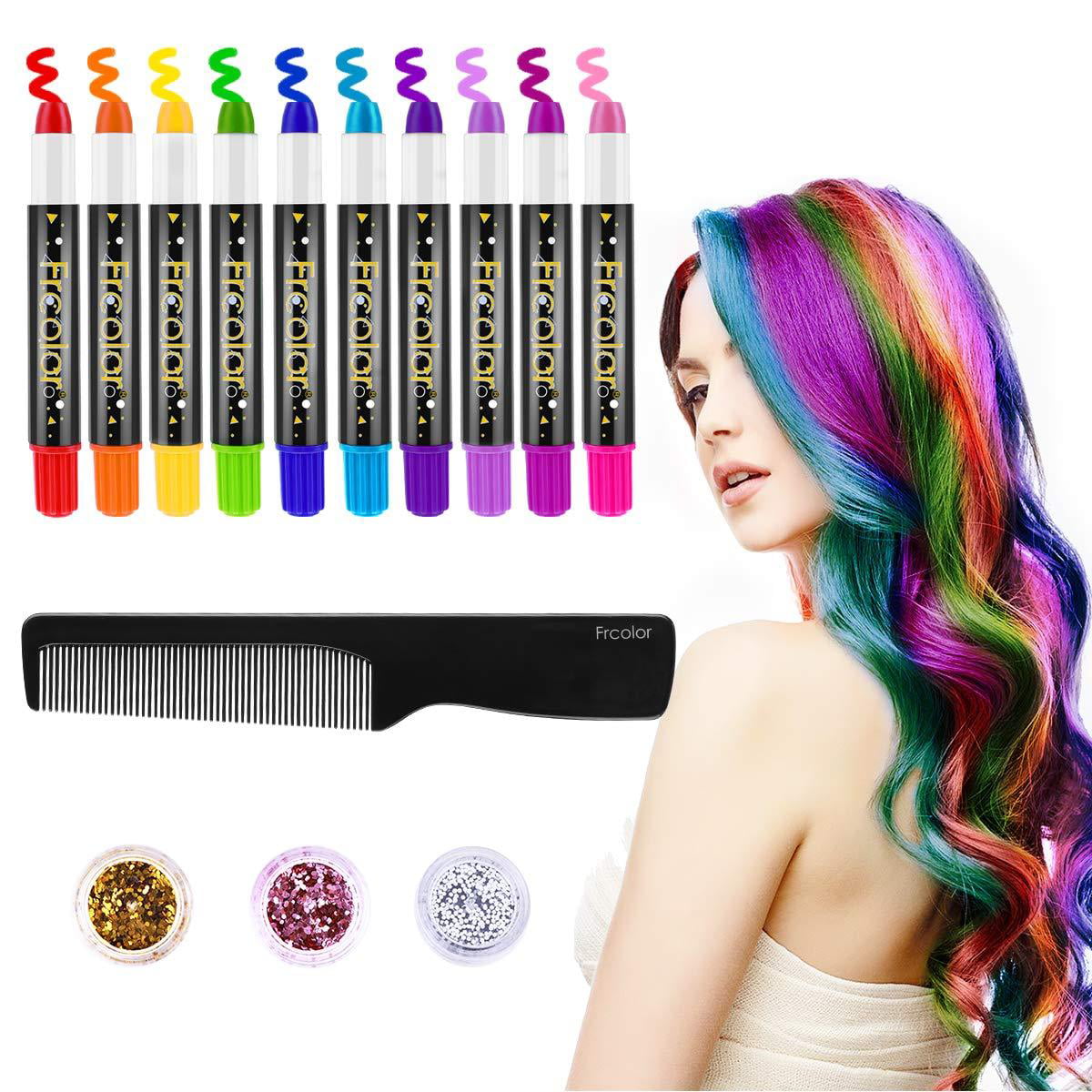 FRCOLOR Hair Chalk for Kids, 10 Colors Temporary Hair Chalk Pens with 3