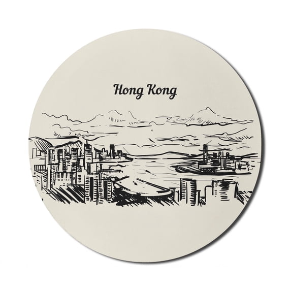 Travel Mouse Pad for Computers, Hong Kong Typography and Skyline Drawn by Hand in Monochrome Style, Round Non-Slip Thick Rubber Modern Gaming Mousepad, 8" Round, Eggshell and Dark Taupe, by Ambesonne
