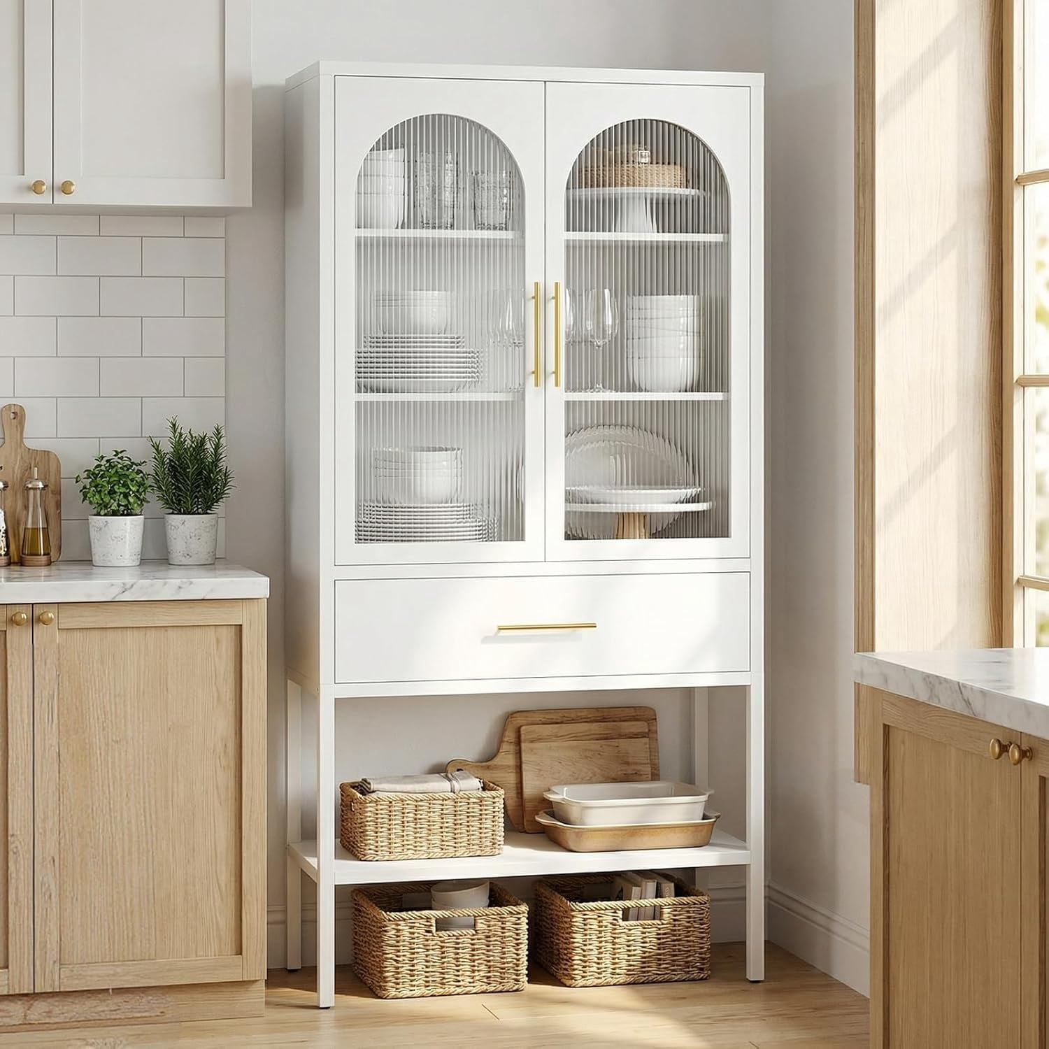 63" Tall Metal Storage Cabinet with Glass Doors, Kitchen Pantry Cabinet with Drawers & Adjustable Shelves, Freestanding Metal Cabinet for Kitchen, Dining Room and Home Organization White