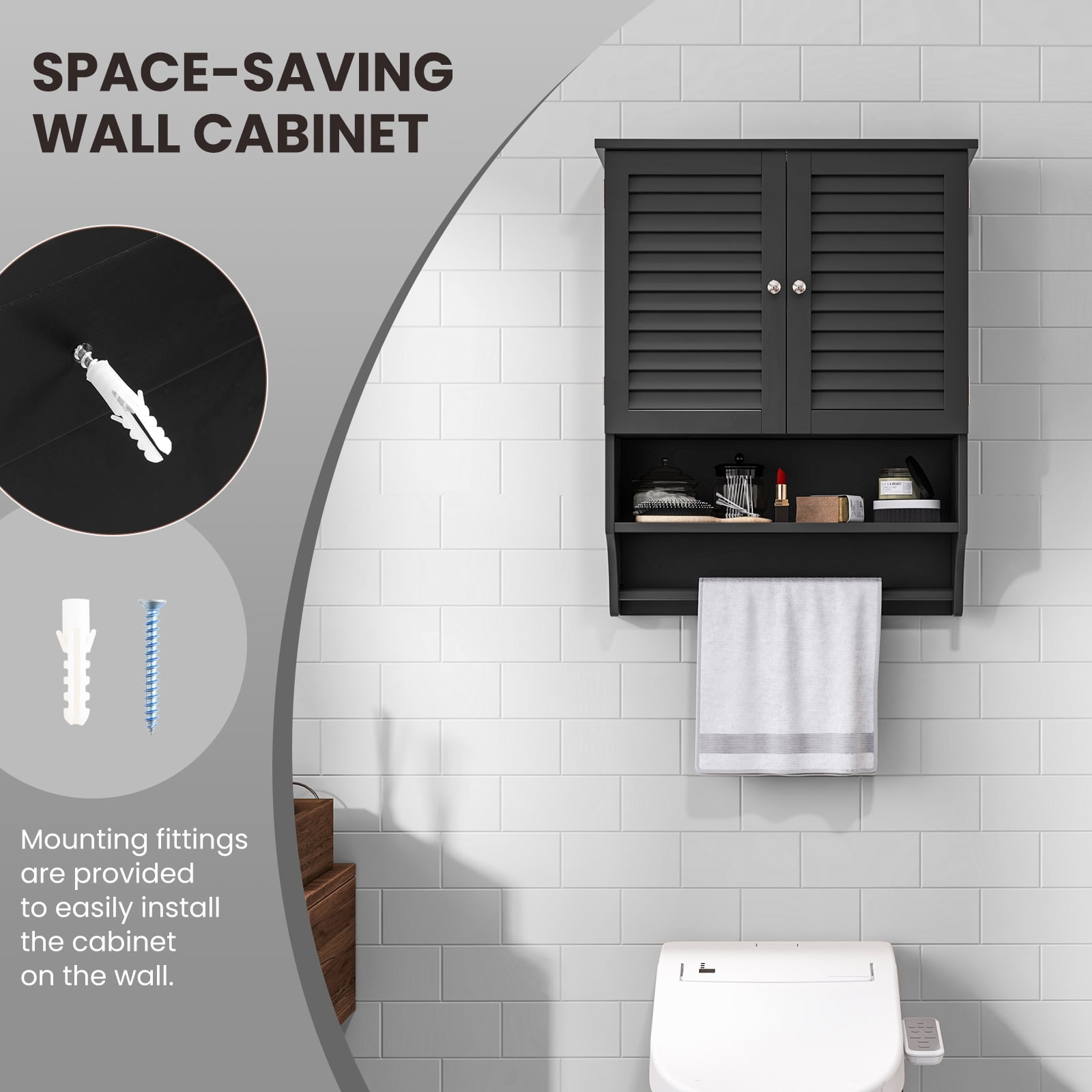Giantex Wall Mounted Bathroom Cabinet w/Bar, Medicine Cabinet w/Double Louvered Doors, Storage Cabinet, Black