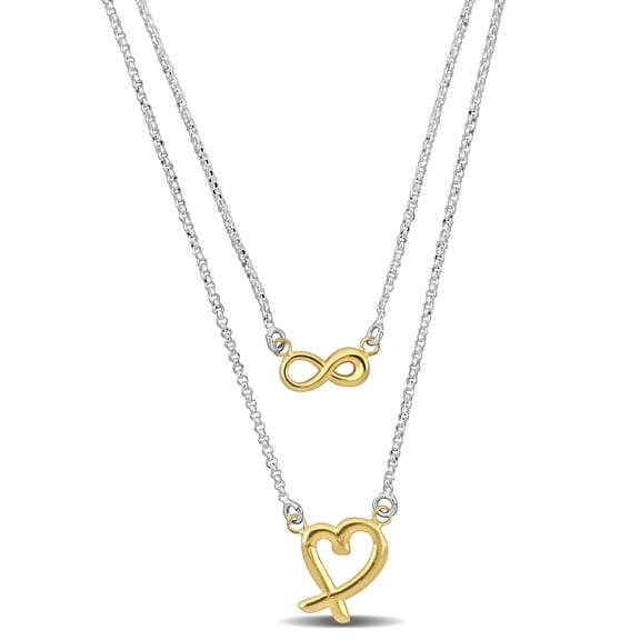 Everly Women's Two-Tone White and Yellow Gold Silver Infinity and Heart Charm Double Strand Necklace