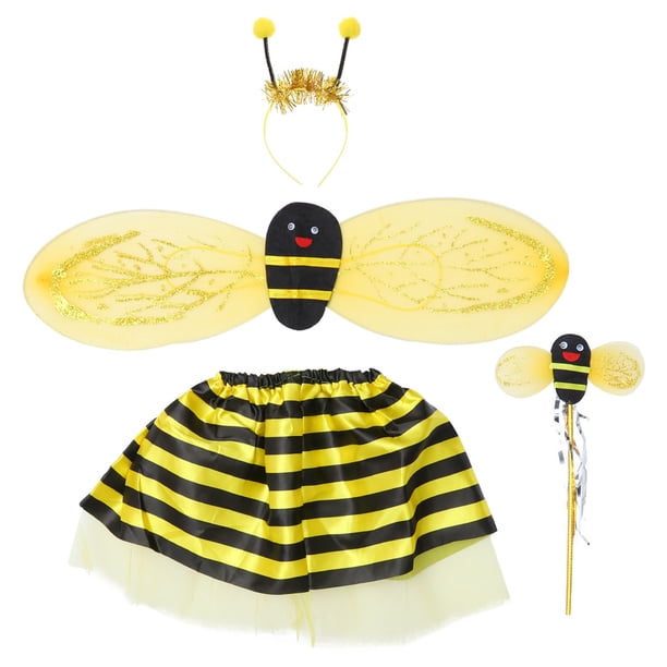 BRIGHTFUFU Juego de disfraces de 4 piezas Conjunto de alas de abeja Aro de pelo Falda de tutú Kit de varita de hadas Accesorios de cosplay de escenario para niño Varita de color aleatorio