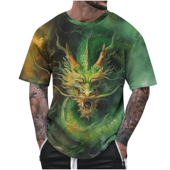 Dovford Mens Tshirts 2024 Summer Fashion Casual Men's Round Neck 3D Dragon Printed T-shirt Short Sleeve Regular Fit Tops