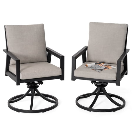 Nuu Garden Outdoor Swivel Chairs Set of 2, Dining Chairs with Powder-Coated Aluminum Frame for All Weather, Hollow Slatted Seat with Padded Cushions, Black and Gray