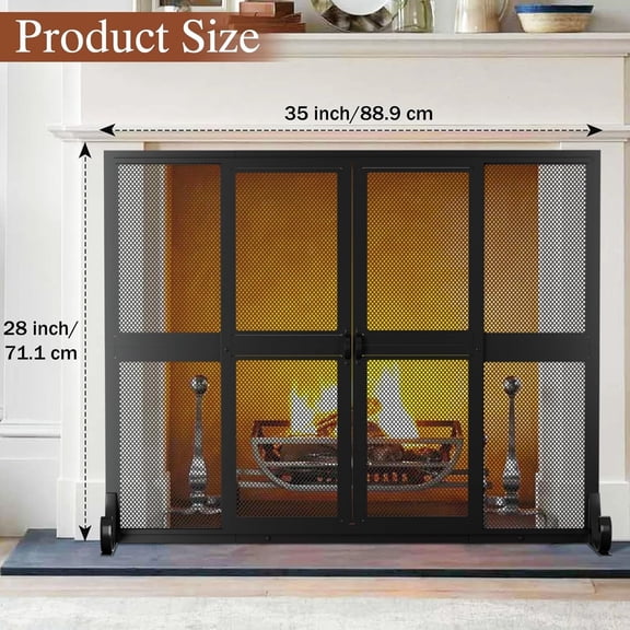 Fireplace Screen with Sliding Doors, 35" W x 28" H Handcrafted Wrought Iron Fire Spark Guard Fire Place Gate Protector for Living Room, Children and Pet Safety(Small)