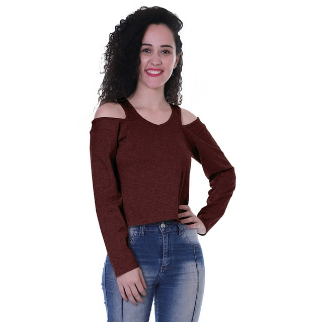 Moomaya Womens Cold Shoulder Short Top Solid Full Sleeves Summer Tee Tops