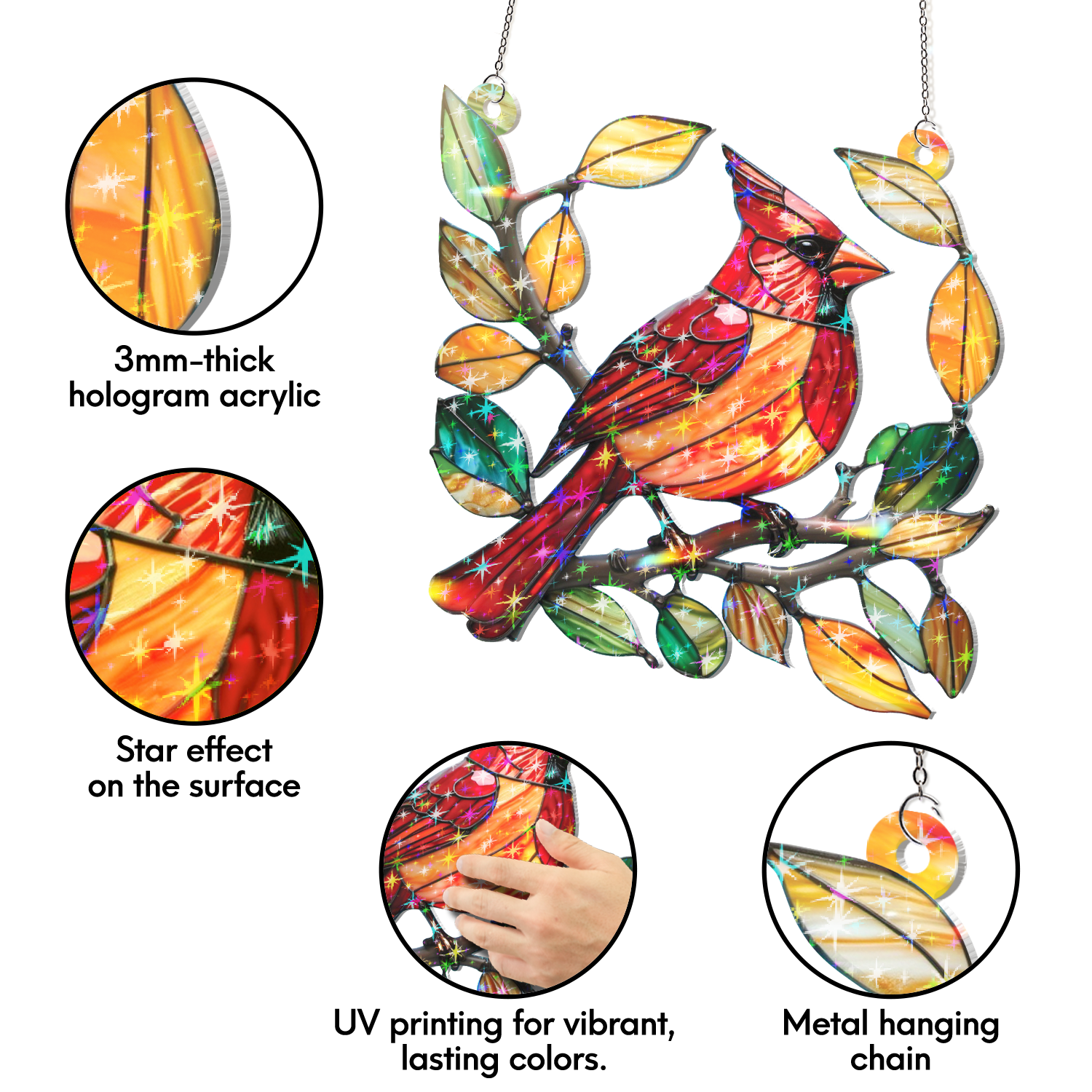 89Bloom Cardinal Stained Glass Hologram Ornament, Stained Glass Suncatcher Ornaments Home Decor, Holographic Ornaments