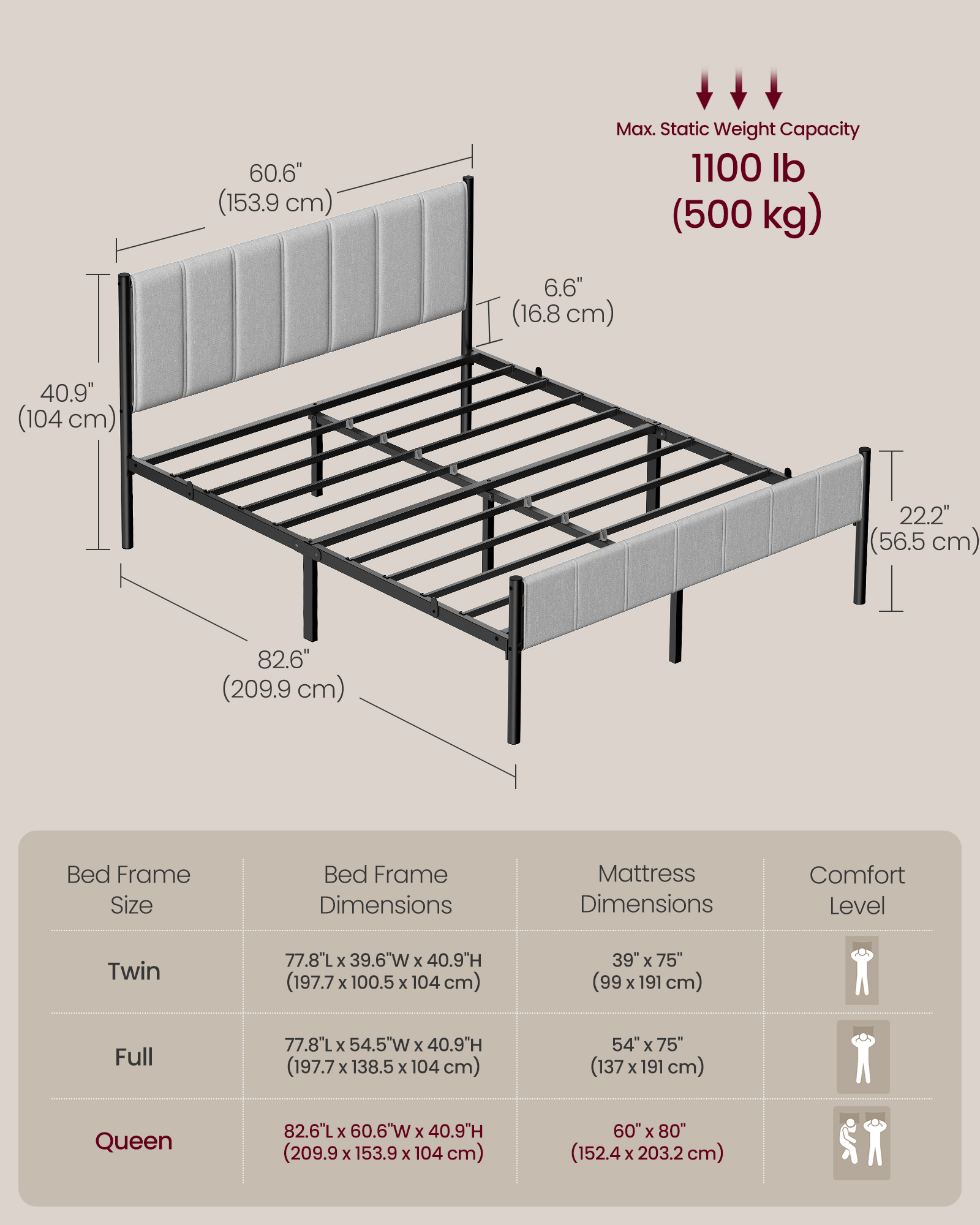 Queen Size Upholstered Bed Frame with Footboard, 1100 lb Capacity, Steel Slats, No Box Spring, Easy Assembly, Modern Minimalist, Dove Gray