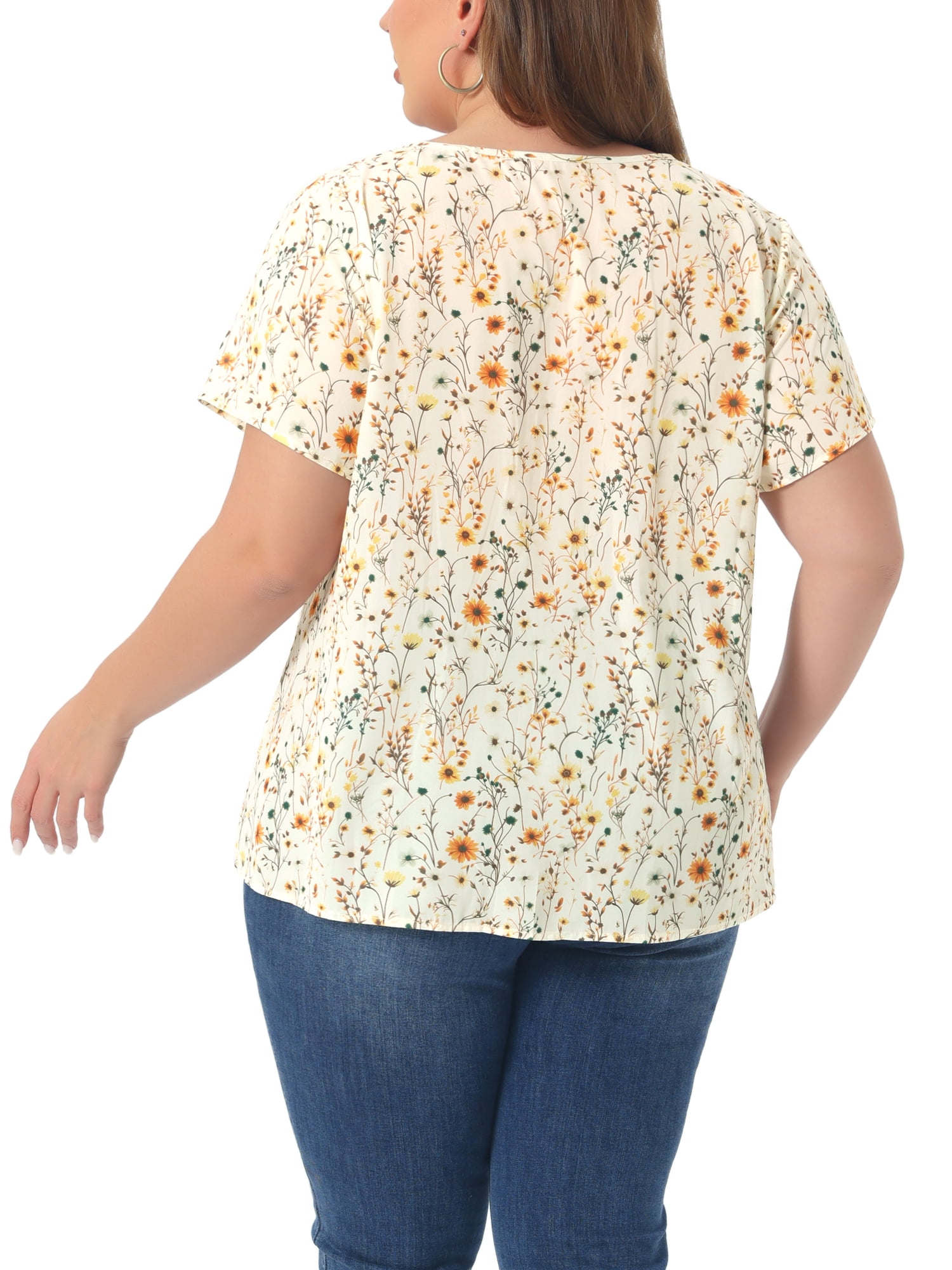 DARING DIVA Women's Plus Size Floral Half Placket Short Sleeve Blouses 3X Light Yellow