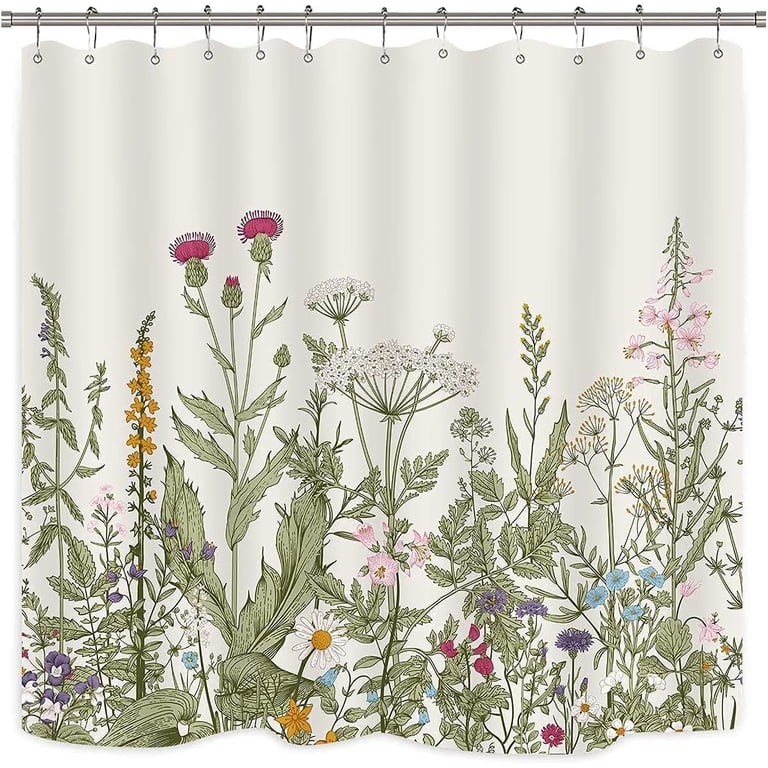 Wildflower Botanical Shower Curtain with Sage Green Leaves photo 5