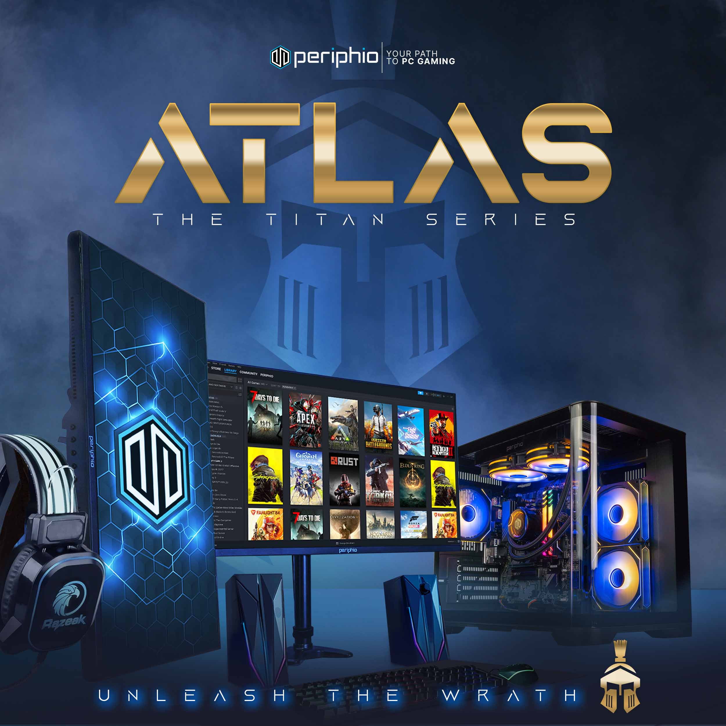 Periphio Atlas AMD Gaming PC, Liquid Cooled Ryzen 7 5700G (4.6GHz Turbo), Radeon RX Vega 8 Graphics (Gaming Optimized), 32GB RAM, 1TB SSD, Windows 11 Desktop Computer, WiFi + Bluetooth, 1080p Gaming