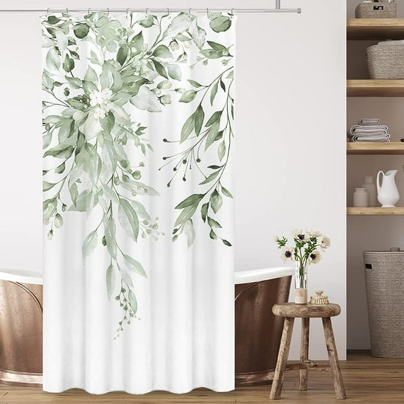 Green Eucalyptus Shower Curtain, Watercolor Leaves on The Top Plant with Floral Bathroom Decoration Shower Curtain Sets 72x72 Inch with Hooks