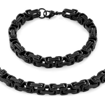 Black-Plated Stainless Steel Byzantine Chain Necklace (24) and Bracelet (9) Set