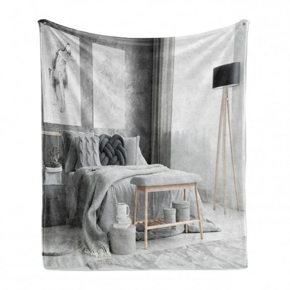 Charcoal Grey Soft Flannel Fleece Throw Blanket, Picturesque of a Modern and Simplistic Bedroom Scene Wall Artwork Lamp Bed, Cozy Plush for Indoor and Outdoor Use, 60" x 80", White, by Ambesonne