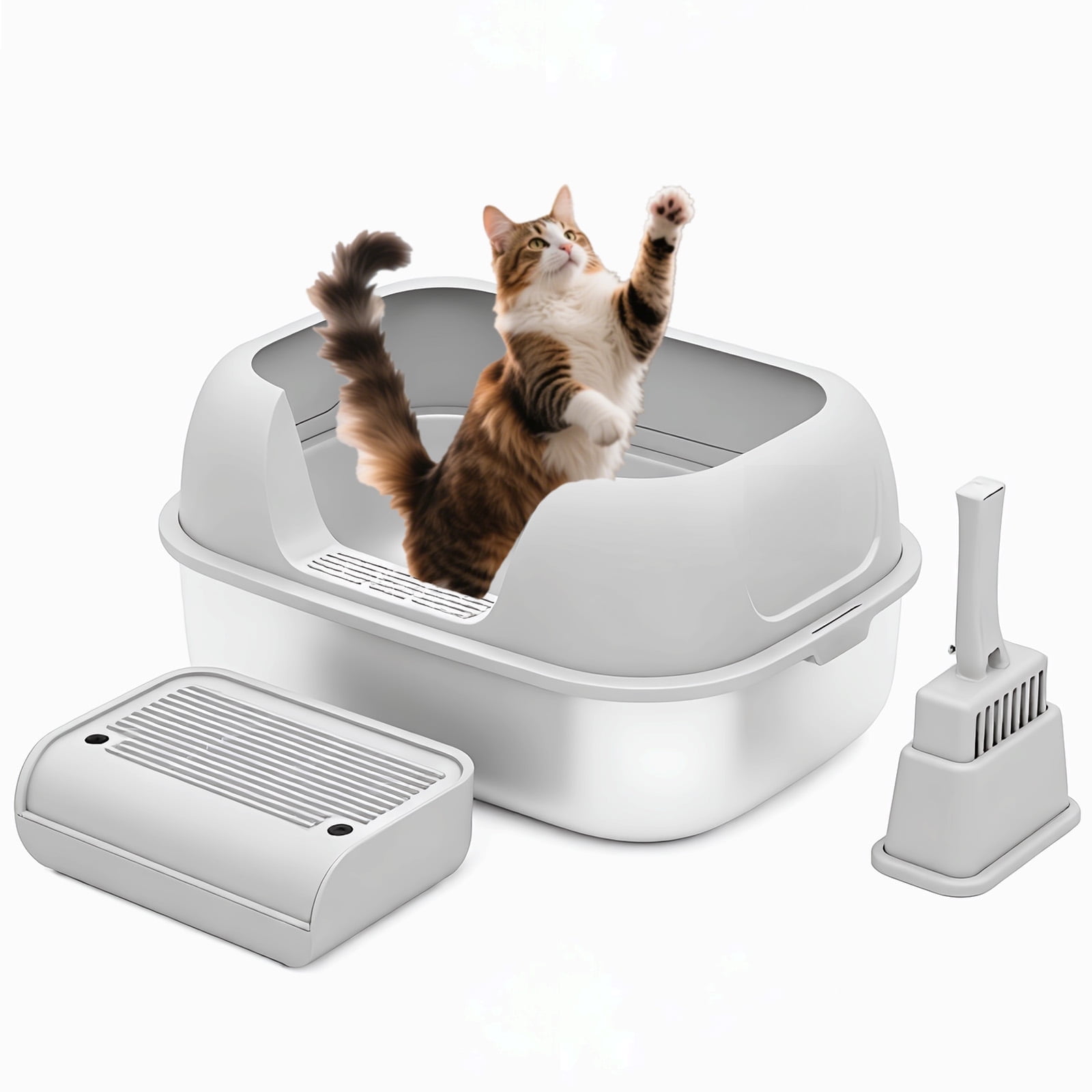 Furrbby Stainless Steel Sifting Litter Box with Lid for Big & Multi Cat, Easy Clean, with Scoop, Grey