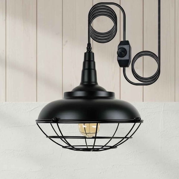 Plug In Hanging Light Fixtures, Black Cage Pendant Light, Metal Outdoor Chandelier, Industrial Farmhouse Hanging Lamp