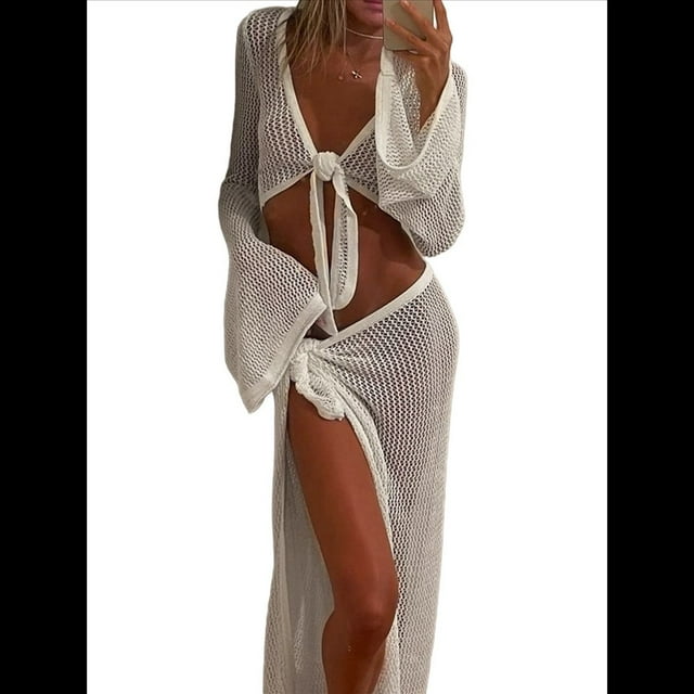 Conjunto de Bikini de Dos Piezas para Mujer, Estilo Crochet, con Aberturas, para Playa M