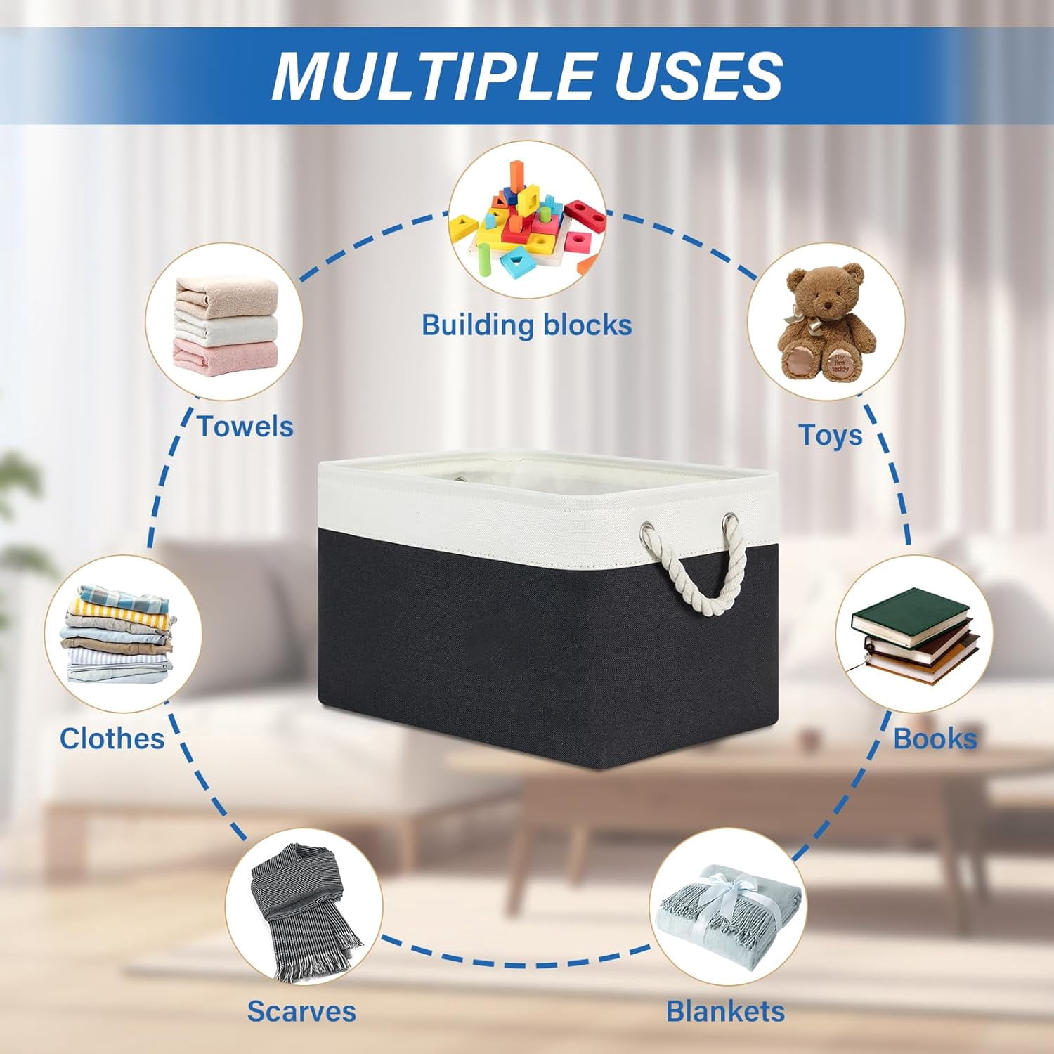 Fabric Storage Baskets 4Pack Storage Bins Decorative Basket for Gift, Clothes Bin with Rope Handle, Rectangle Baskets for Storage, Blankets(White&Black,15x11x9.5 inch)