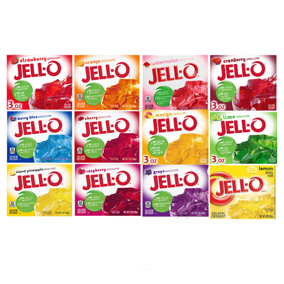 Jell-O Gelatin Dessert Variety pack - 12 Flavors Assorted (12 Boxes, 3oz Each) Packaged in a Box by The Hungry Gorilla - Gluten Free