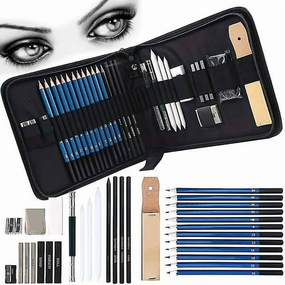 Professional Sketch and Drawing Pencil Kit with Graphite Pencils, Charcoal Pencils, Graphite Sticks, Tortillon blending Tool, 32-Piece All-in-one Artists Art Supplies for Kids, and Adults