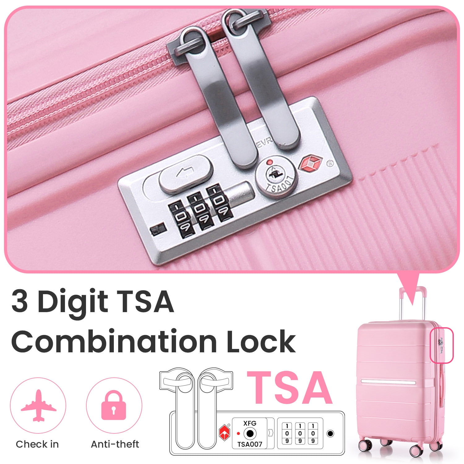 POWANLI 4 Piece Luggage Sets(14"20"24"28"）, PP Hardside Lightweight & Durable suitcase, Expandable, TSA Lock, Spinner Wheels, Airline Approved,(Pink)