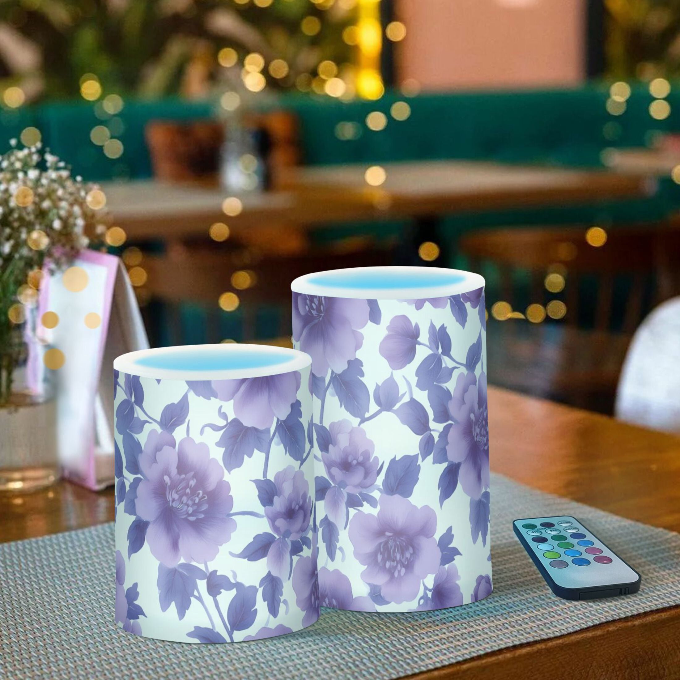 Purple Flowers and Leaves Flickering Flameless Candles Battery Operated with Remote Timer LED Pillar Candles Set of 2