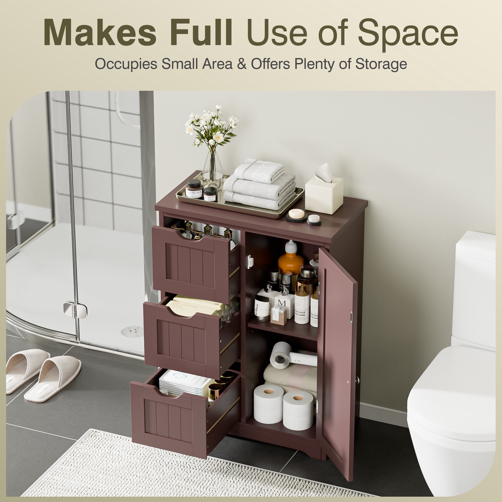 ZENSTYLE Bathroom Cabinet 3 Drawers Storage Organizer Floor Cupboard Home Decor Brown