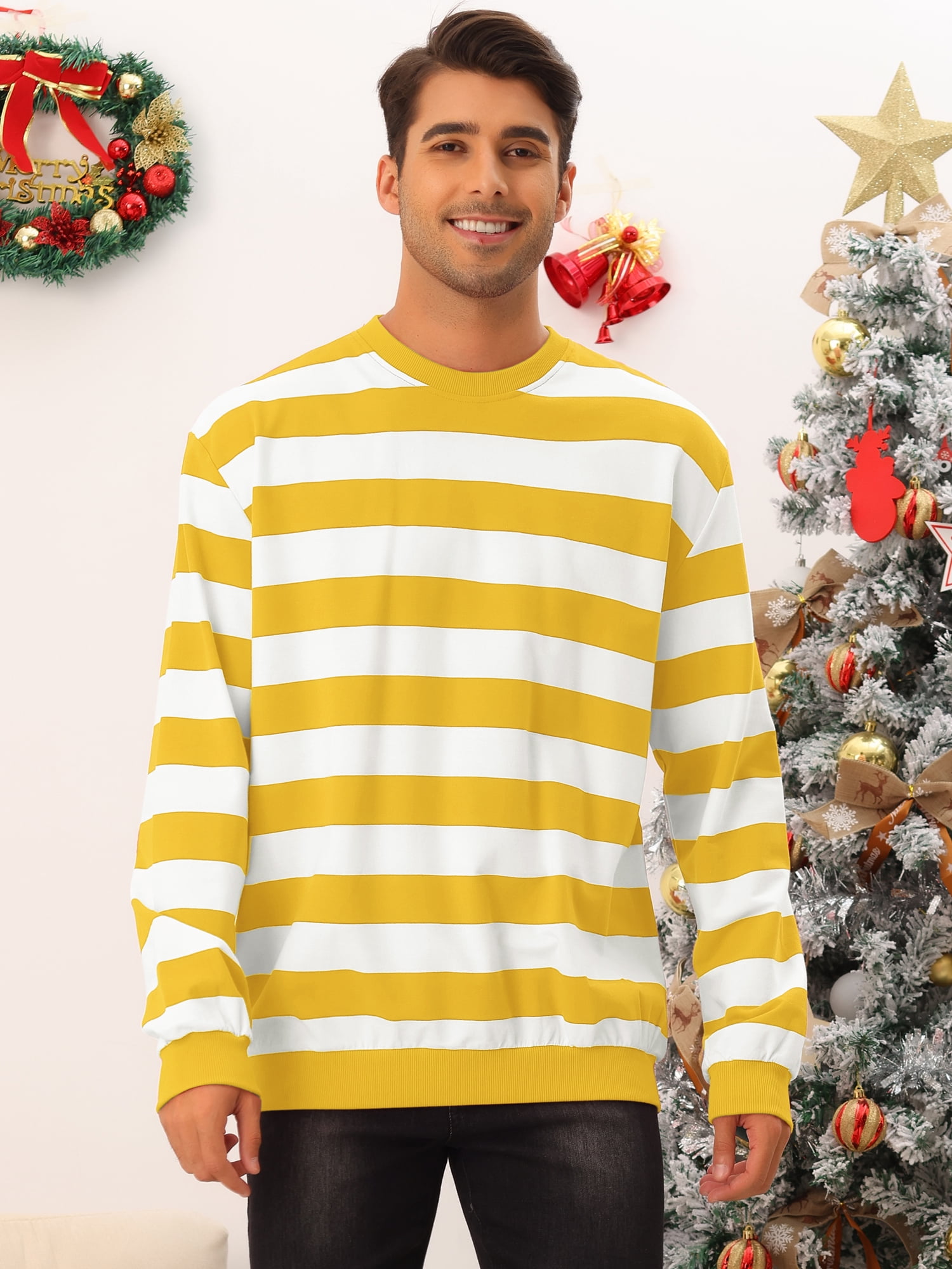 Unique Bargains Men's Striped Crew Neck Pullover Color Block Sweatshirts 2XL Yellow White
