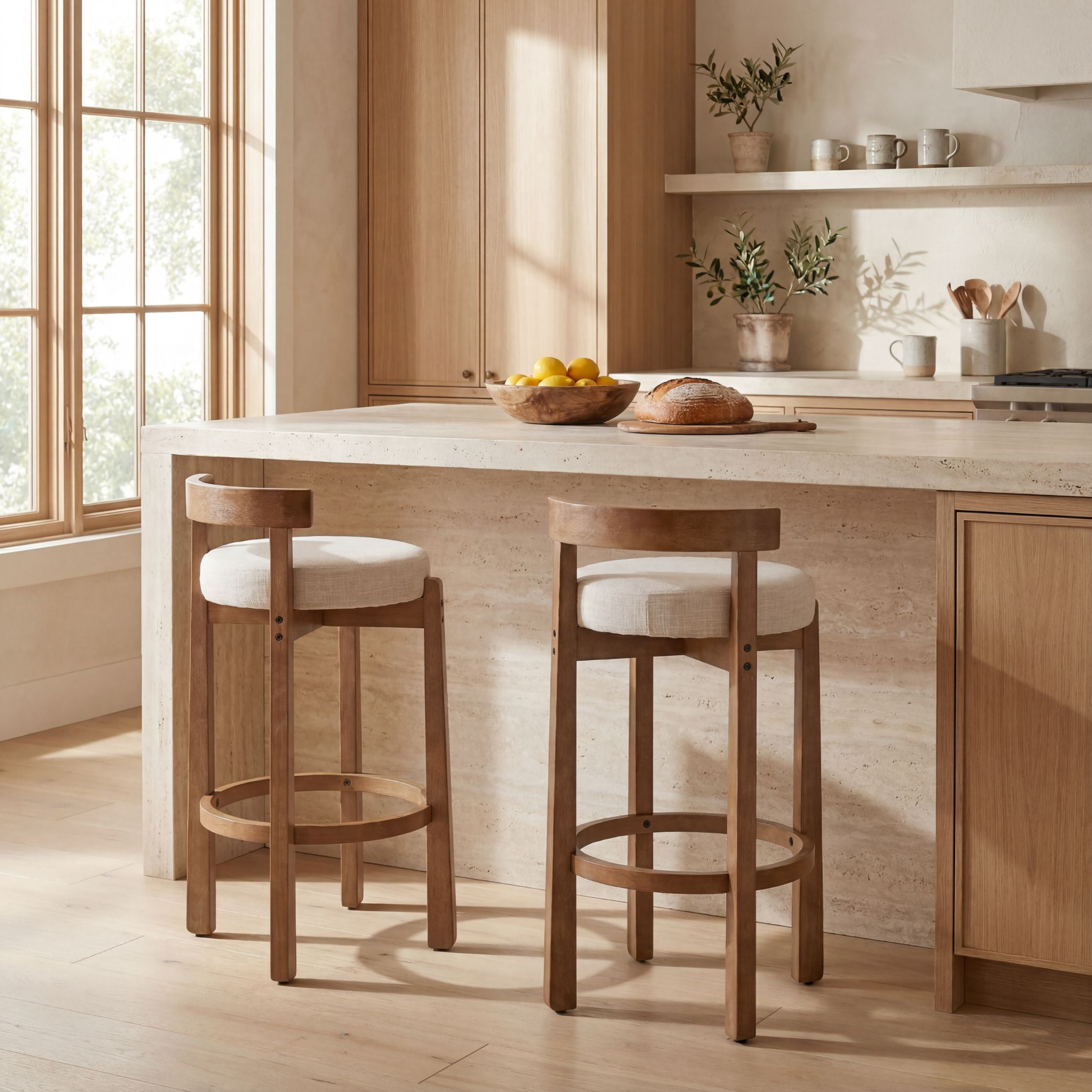 Guyou Bar Stools Set of 2, Mid Century Modern 30" Armless Island Bar Stools with Curved Back and Wooden Frame, Round Kitchen Stools with Footrest for Restaurant Bar Kitchen Island, Beige