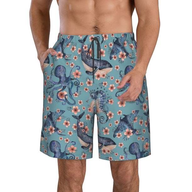 Fotbe Underwater Animals and Flowers Trajes de Baño Estampados para Hombre, Shorts de Verano de Secado Rápido, Ropa de Playa, Bañadores-X-Large
