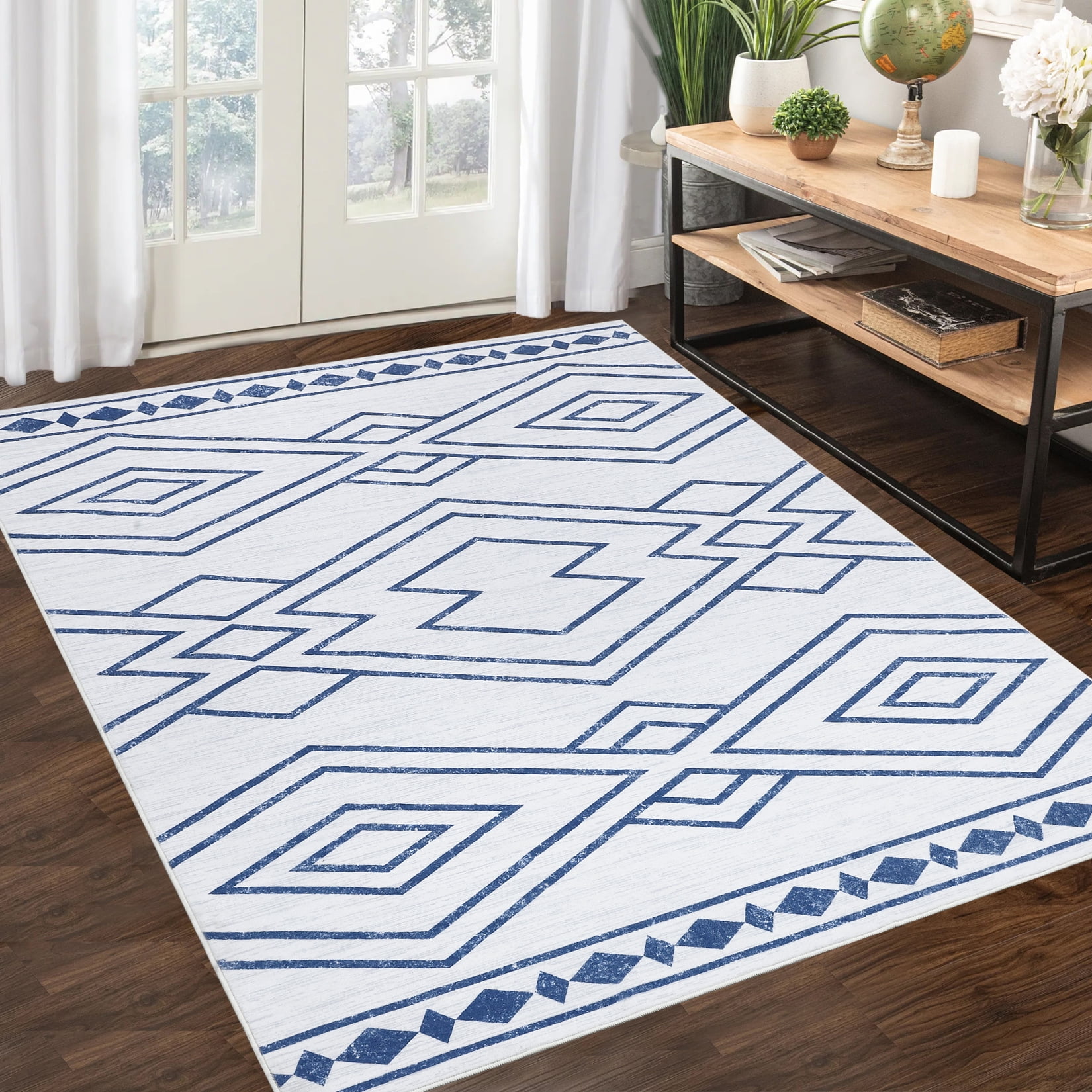 HOMERRY Washable Area Rug 5' x 7' Modern Moroccan Geometric Area Rug for Living Room Bedroom Non-Slip Accent Rug, Blue
