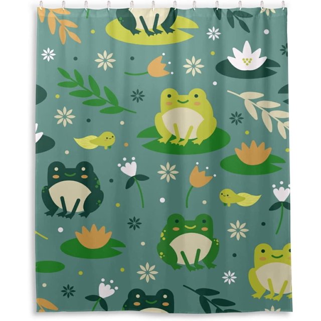Cortina de ducha con diseño de ranas, impermeable, de tela, con ganchos, 60 x 72 pulgadas